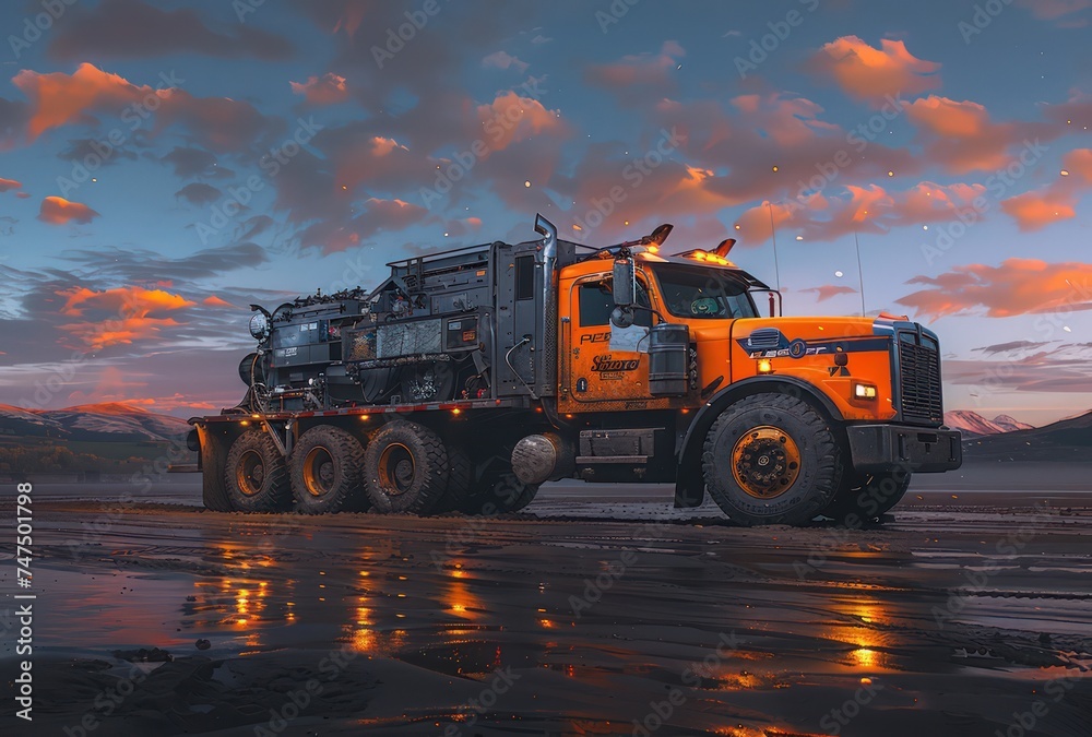 a large truck is parked in a large truck park, in the style of light orange and light indigo