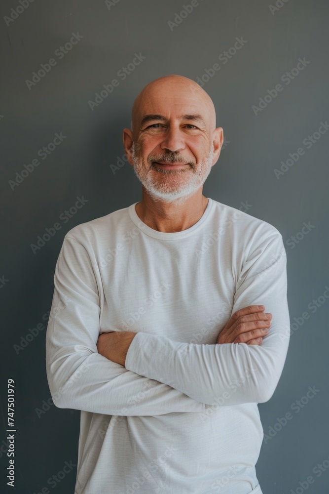 A bald man wearing a white shirt. Suitable for various concepts A bald man wearing a white shirt. Suitable for various concepts