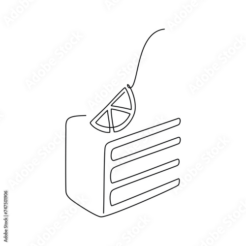 Lemon cake vector. One line continuous drawing. Hand drawn illustration. Linear dessert icon. Abstract wall art print, poster, banner, card, brochure, bakery logo, caffe sign, symbol, menu.