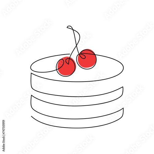 Cherry cake vector. One line continuous drawing. Hand drawn illustration. Linear dessert icon. Abstract wall art print, poster, banner, card, brochure, bakery logo, cafe sign, symbol, menu.