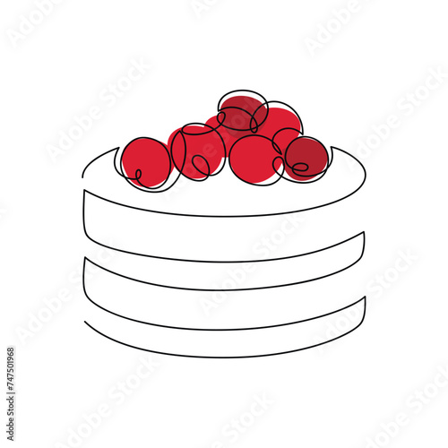 Red cherry biscuit cake vector. One line continuous drawing. Hand drawn illustration. Linear dessert icon. Abstract wall art print poster, banner, card, brochure, bakery logo, caffe sign, symbol, menu