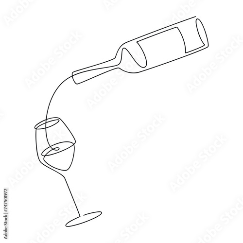 Pouring wine bottle glass one line continuous drawing. Hand drawn vector illustration. Linear silhouette icon. Minimal design, print, banner, card, bar wall art poster, brochure, menu, logo, sketch.