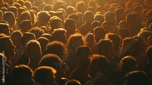 Crowd of people standing in front of a bright light source. Suitable for various events and gatherings