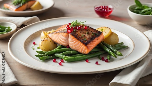 White Plate With Salmon and Green Beans