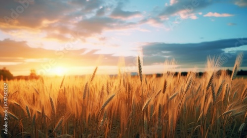 A beautiful wheat field with the sun setting in the background. Perfect for agricultural or nature concepts
