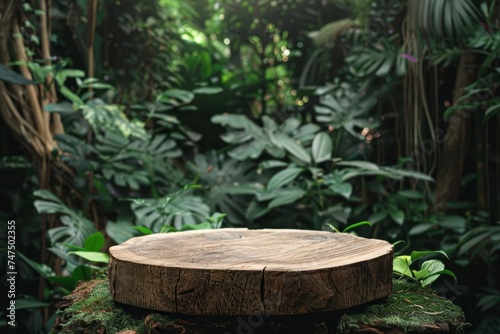 Wooden podium in a lush forest setting Ideal for showcasing products or brands in a natural and eco-friendly context