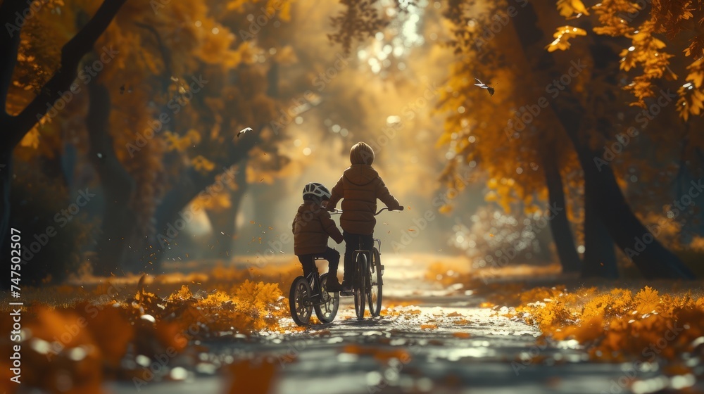 Autumn Bike Lesson in Golden Park, Warm autumnal hues envelop a child learning to ride a bike, guided by a parent through a park, leaves swirling around - obrazy, fototapety, plakaty 