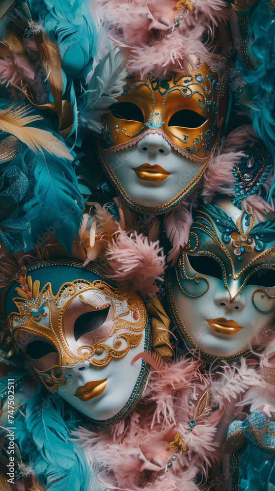 Carnival masks and confetti with copy space, created with generative AI technology