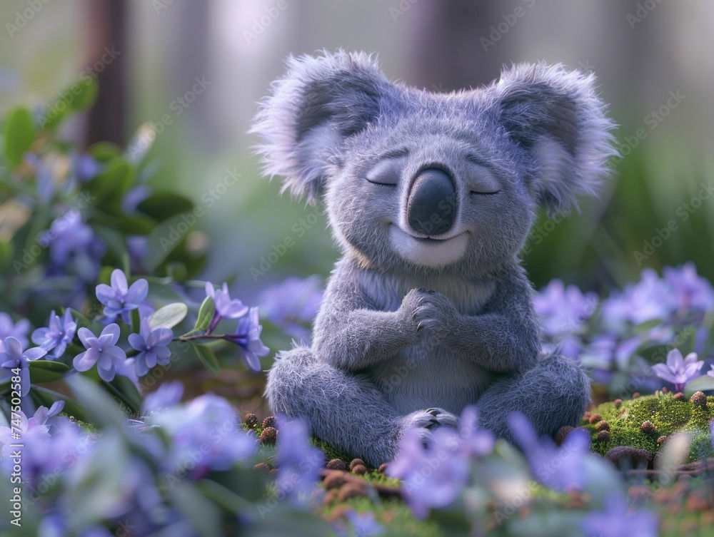 An animated koala guides a serene meditation with a zen influencer aura against a soft lilac backdrop. An animated koala guides a serene meditation with a zen influencer aura against a soft lilac backdrop.