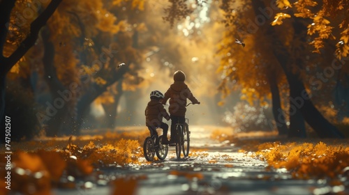 Autumn Bike Lesson in Golden Park, Warm autumnal hues envelop a child learning to ride a bike, guided by a parent through a park, leaves swirling around photo