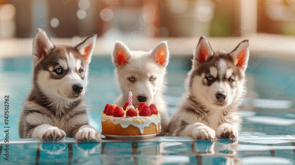 Puppy Birthday Pool Party, Three husky puppies by a poolside, with a birthday cake ready to celebrate, creating a charming and heartwarming scene