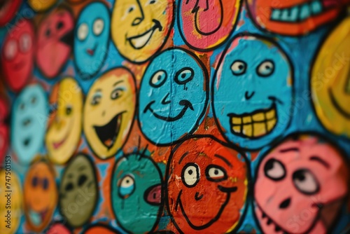 Vibrant wall with painted faces, great for artistic projects