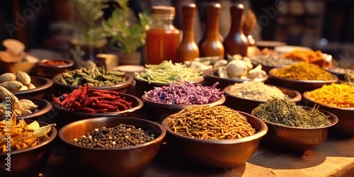 Various bowls filled with spices on a table, perfect for culinary and cooking concepts