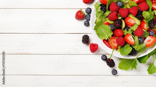 Fresh salad with fruits and greens on white wooden background top view with space for text. Healthy food