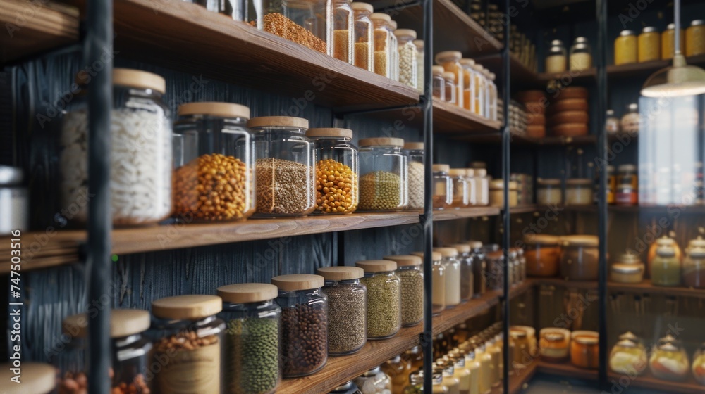 A diverse selection of food items displayed on a shelf. Ideal for food and nutrition concepts