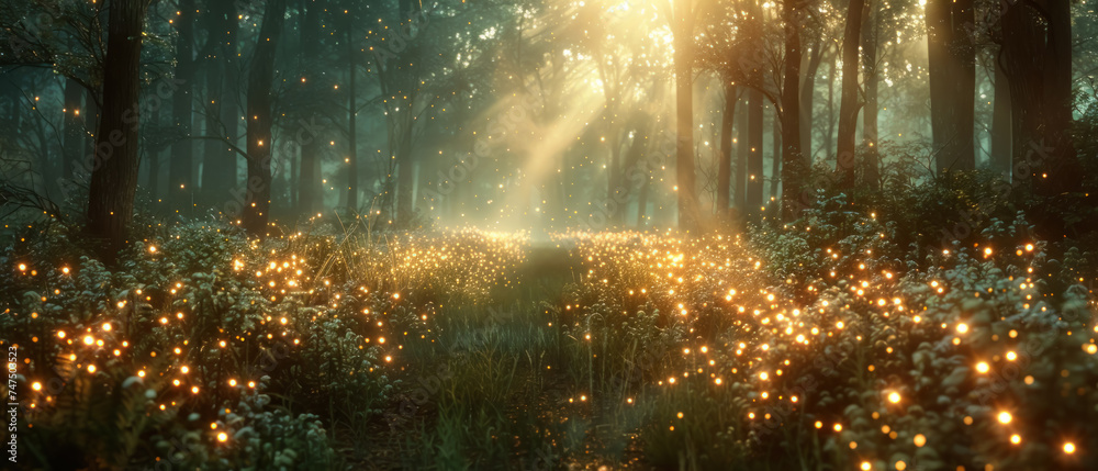 Ethereal Forest Glade Sepia Tone, Magical forest glade with fireflies and an ethereal glow in vintage sepia. - obrazy, fototapety, plakaty 