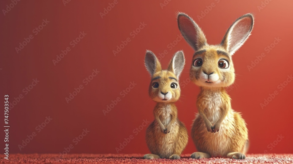Obraz premium Cartoon kangaroo offering fitness coaching, active influencer, pastel red background.