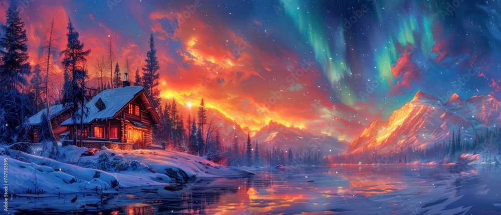 Aurora Borealis Snowy Cabin, Surreal blend of photorealism and impressionism of Northern Lights over a rustic cabin in snow.