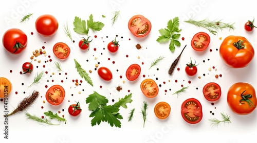 Fresh tomato, herbs and spices isolated on white background, top view