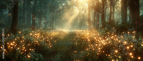 Ethereal Forest Glade Sepia Tone, Magical forest glade with fireflies and an ethereal glow in vintage sepia.