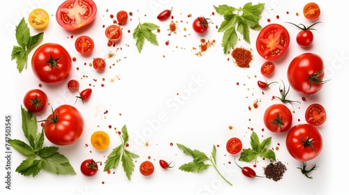 Fresh tomato  herbs and spices isolated on white background  top view