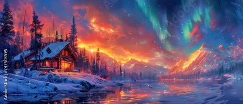 Aurora Borealis Snowy Cabin, Surreal blend of photorealism and impressionism of Northern Lights over a rustic cabin in snow.