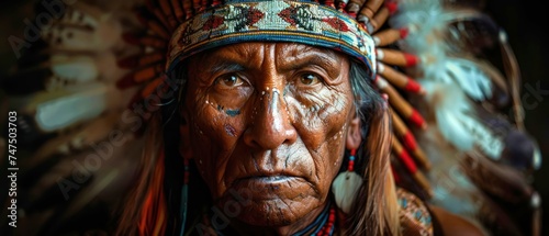 Noble Native American Chief Portrait, Detailed oil portrait style of a Native American chief in regal attire with chiaroscuro lighting.
