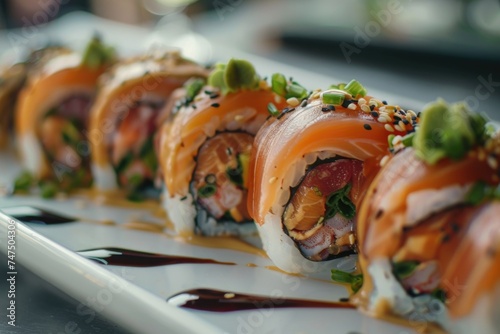 Fresh sushi rolls on a plate with sauce, perfect for food blogs or restaurant menus