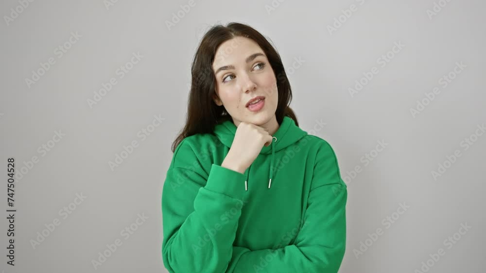 Thoughtful young woman wearing a sweatshirt, standing isolated on a white background, hand on chin in deep thought, a pensive look of doubt on her face, smiling as she deliberates a question. Thoughtful young woman wearing a sweatshirt, standing isolated on a white background, hand on chin in deep thought, a pensive look of doubt on her face, smiling as she deliberates a question.