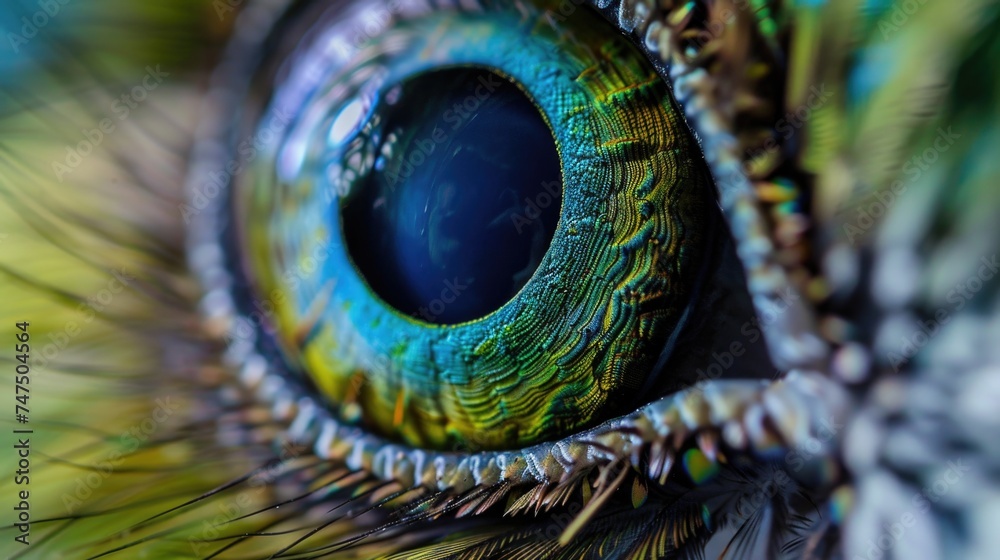 Obraz premium Detailed close up view of a peacock's vibrant eye, perfect for nature and wildlife projects