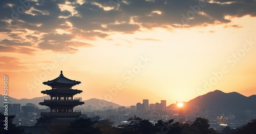 Beautiful sunset view behind a pagoda tower, ideal for travel websites or spiritual blogs
