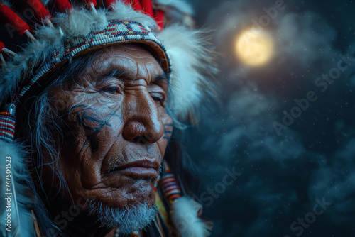 Moonlit Native American Chief in Regalia, Chiaroscuro effect with high contrast of a Native American chief in full regalia under moonlight.