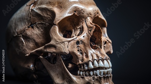 Detailed close up of a human skull on a table. Suitable for medical or Halloween themes