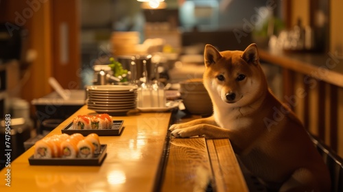 shiba inu dog running a sushi restaurant