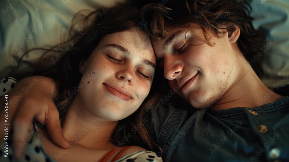 A man and a woman relaxing on a comfortable bed, suitable for lifestyle or relationship concepts A man and a woman relaxing on a comfortable bed, suitable for lifestyle or relationship concepts