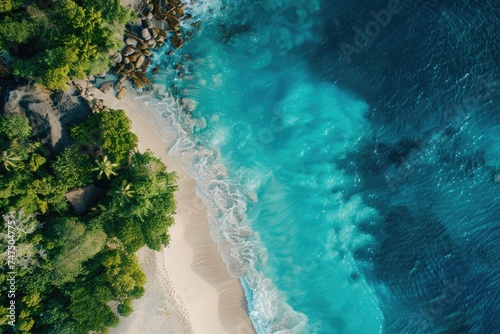 Aerial view of a sandy beach and ocean. Perfect for travel and vacation concepts