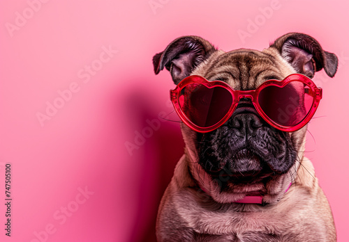 Pug Dog with Heart-Shaped Sunglasses on Pink Background © LAJT