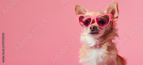 Chihuahua with Heart-Shaped Sunglasses on Pink Background