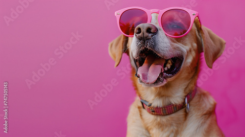 Joyful Dog Wearing Pink Sunglasses on Pink Background
