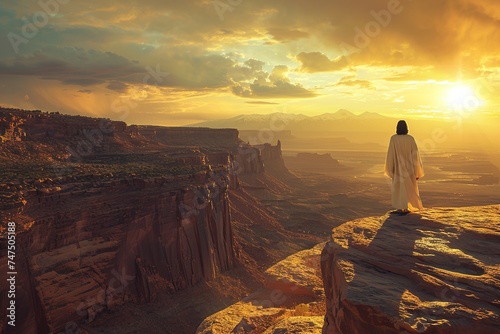 Witness Jesus standing on a high cliff, torn between earthly desires and heavenly mission, grappling with the allure of miracles, fame, and adulation