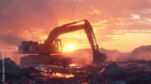 A large excavator on a construction site at sunset. Perfect for construction and industrial concepts