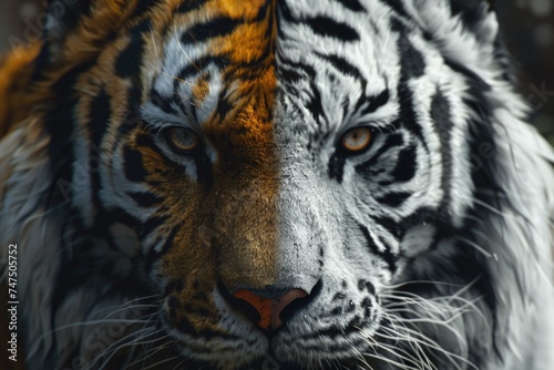 Close up of a tiger s face with a blurry background. Suitable for wildlife and nature themes