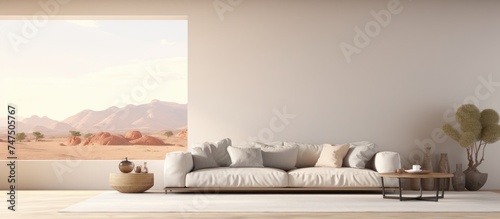 A fully furnished living room with various pieces of furniture such as a sofa, coffee table, and armchair. The room features a large window that provides a view of the landscape outside.