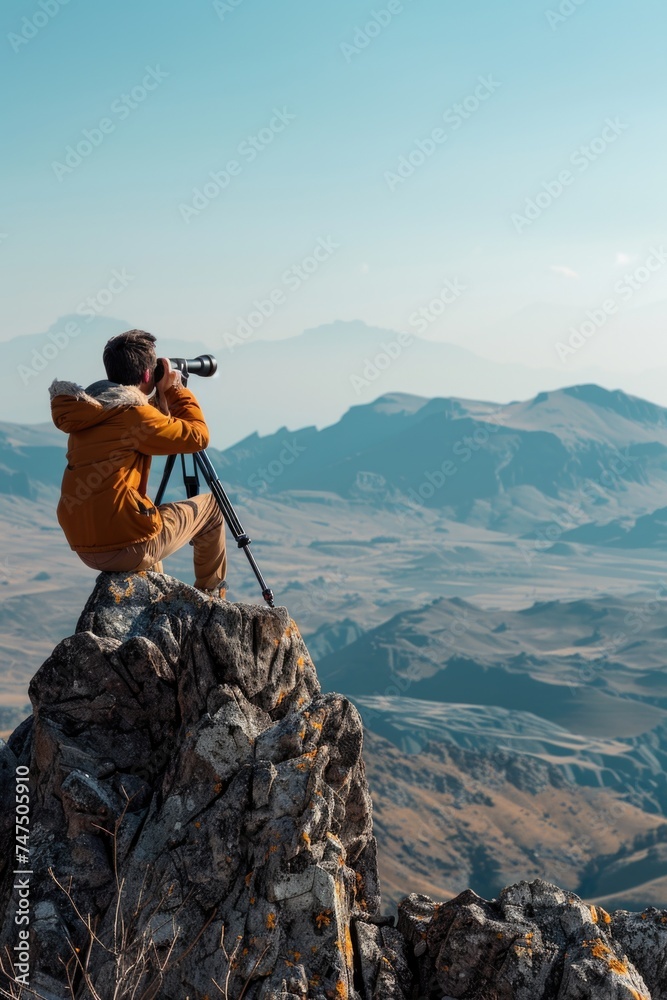 A man capturing a stunning mountain landscape. Perfect for travel blogs or outdoor adventure websites