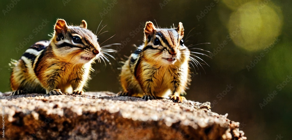 Obraz premium a couple of small chipmuns standing on top of a tree stump in front of a blurry background.
