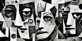 Generative AI, Faces collage abstract black and white background, wallpaper illustration, dramatic mood