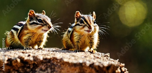 a couple of small chipmuns standing on top of a tree stump in front of a blurry background. © Albert