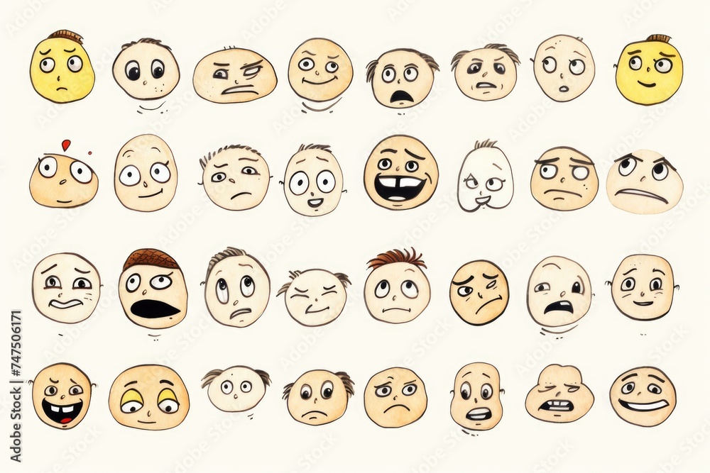 Collection of cartoon faces showing different emotions, perfect for use in educational materials or children's books