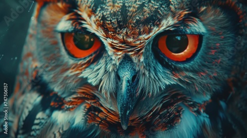 Close-up of an owl with striking orange eyes, perfect for nature and wildlife themes © Fotograf