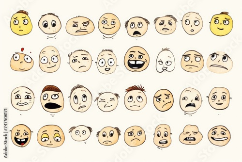 Collection of cartoon faces showing different emotions, perfect for use in educational materials or children's books